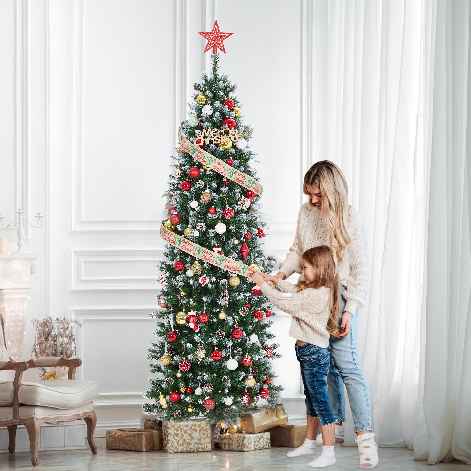 Garvee 7.5ft Pre-Lit Pencil Christmas Tree, Artificial Hinged Xmas Tree with 854 Snow Flocked Tips, 350 Warm-White LED Lights, Metal Stand, Fake Slim Christmas Trees for Indoor/Outdoor Decor