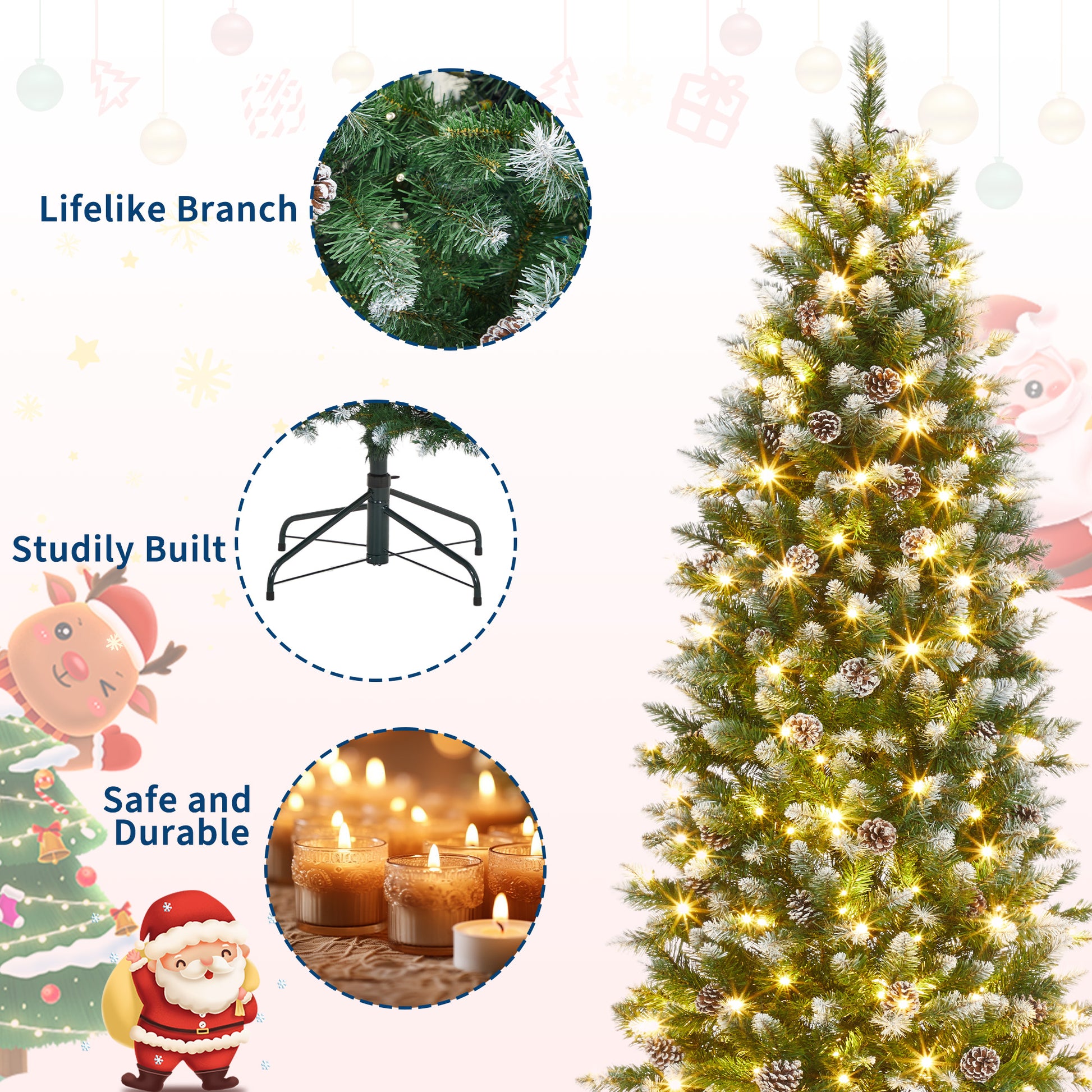 Garvee 7.5ft Pre-Lit Pencil Christmas Tree, Artificial Hinged Xmas Tree with 854 Snow Flocked Tips, 350 Warm-White LED Lights, Metal Stand, Fake Slim Christmas Trees for Indoor/Outdoor Decor
