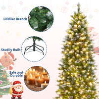Garvee 7.5ft Pre-Lit Pencil Christmas Tree, Artificial Hinged Xmas Tree with 854 Snow Flocked Tips, 350 Warm-White LED Lights, Metal Stand, Fake Slim Christmas Trees for Indoor/Outdoor Decor