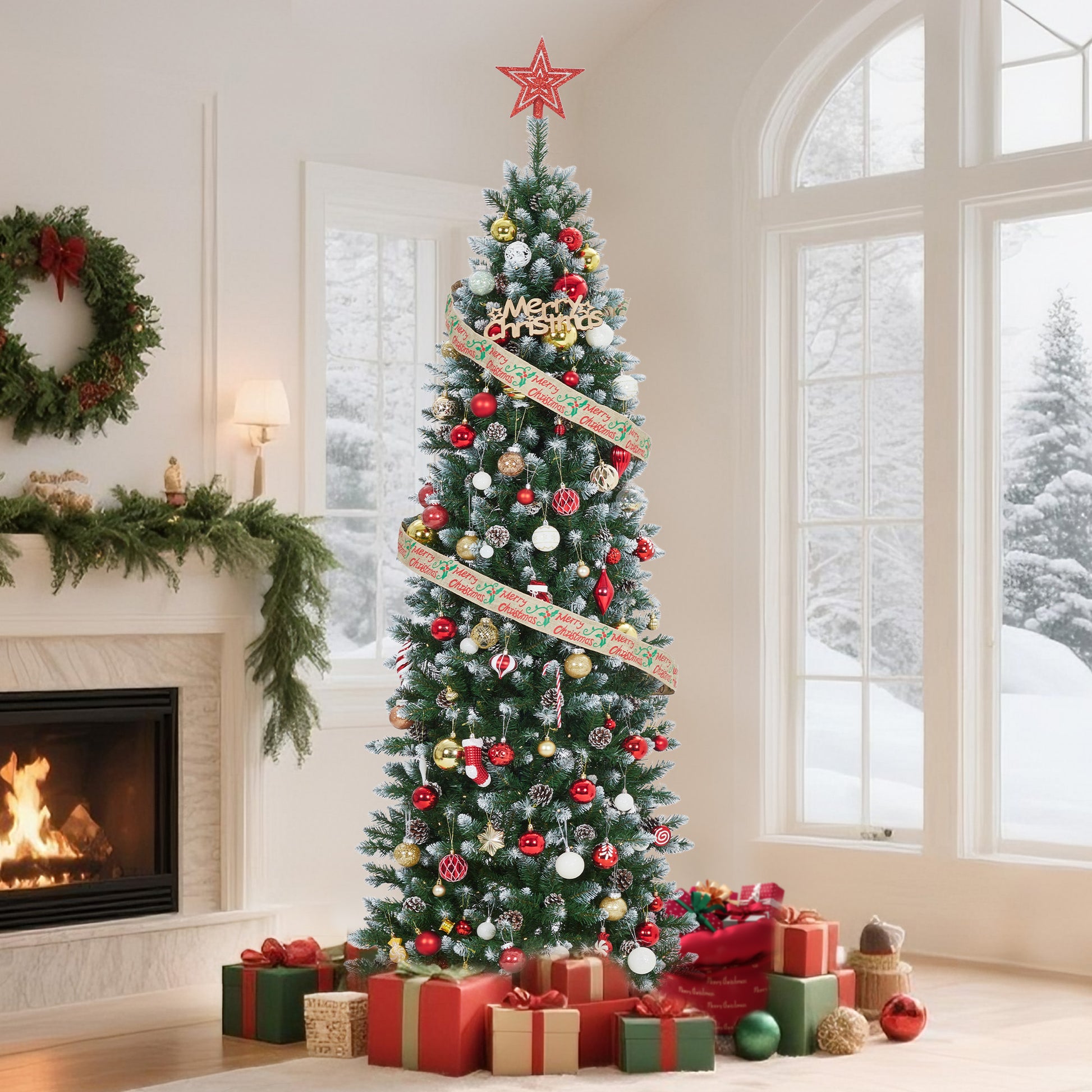 Garvee 6ft Pre-Lit Pencil Christmas Tree, Artificial Hinged Xmas Tree with 580 Snow Flocked Tips, 280 Warm-White LED Lights, Metal Stand, Fake Slim Christmas Trees for Indoor/Outdoor Decor