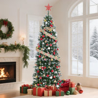 Garvee 6ft Pre-Lit Pencil Christmas Tree, Artificial Hinged Xmas Tree with 580 Snow Flocked Tips, 280 Warm-White LED Lights, Metal Stand, Fake Slim Christmas Trees for Indoor/Outdoor Decor