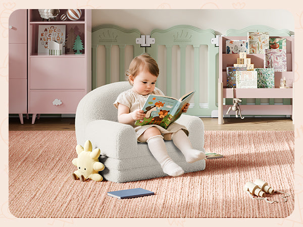 Garvee Foldable Lambswool Toddler Couch in Semi-Circular Design for Reading and Playroom, White