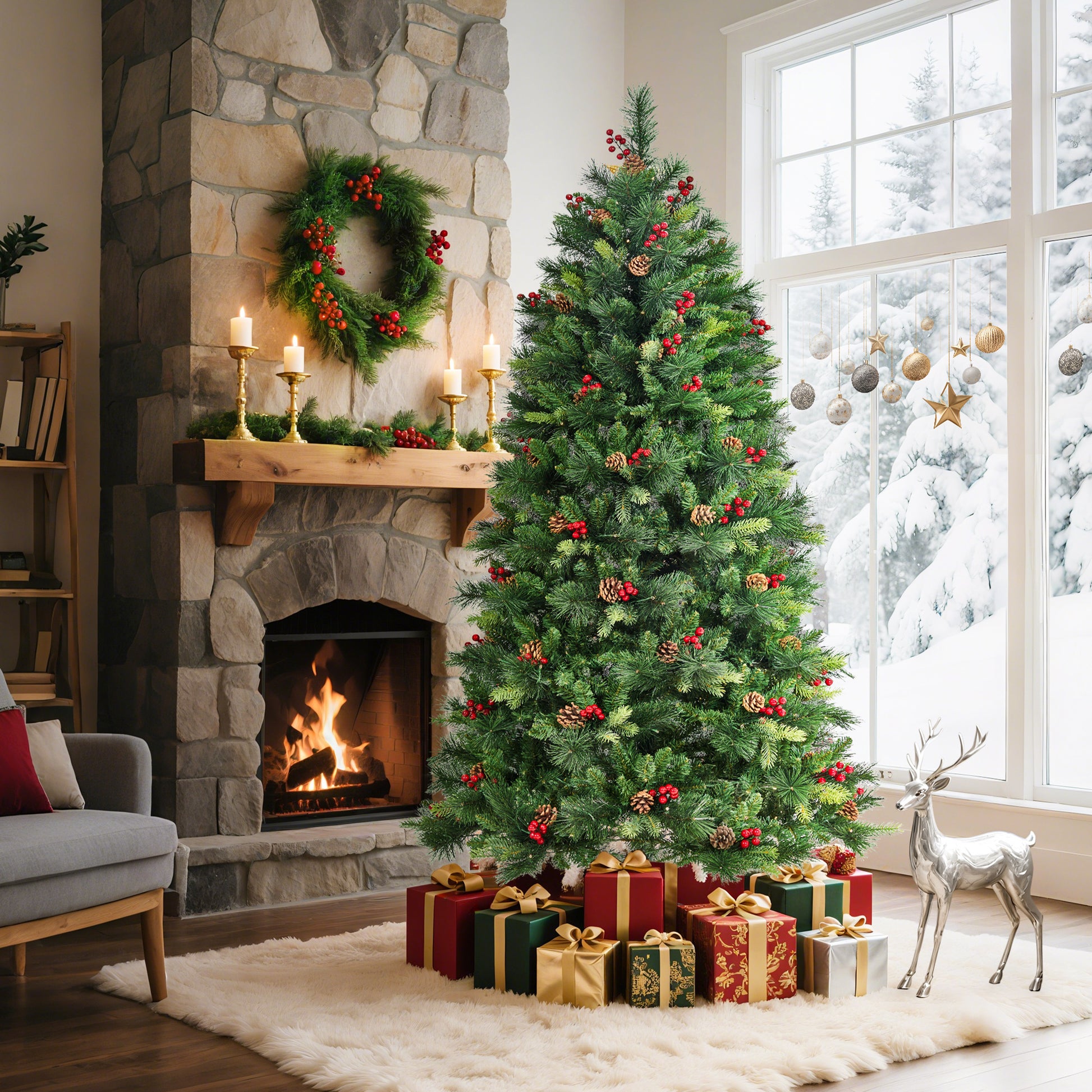 Garvee 6ft Prelit Christmas Tree, Pencil Christmas Tree with Pine Cones & Berries, 250 Warm White Lights-8 Modes, Metal Stand, PE & PVC Xmas Trees for Porch, Church, Home Decor