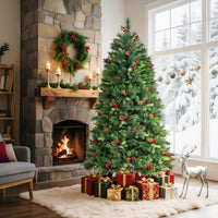 Garvee 6ft Prelit Christmas Tree, Pencil Christmas Tree with Pine Cones & Berries, 250 Warm White Lights-8 Modes, Metal Stand, PE & PVC Xmas Trees for Porch, Church, Home Decor