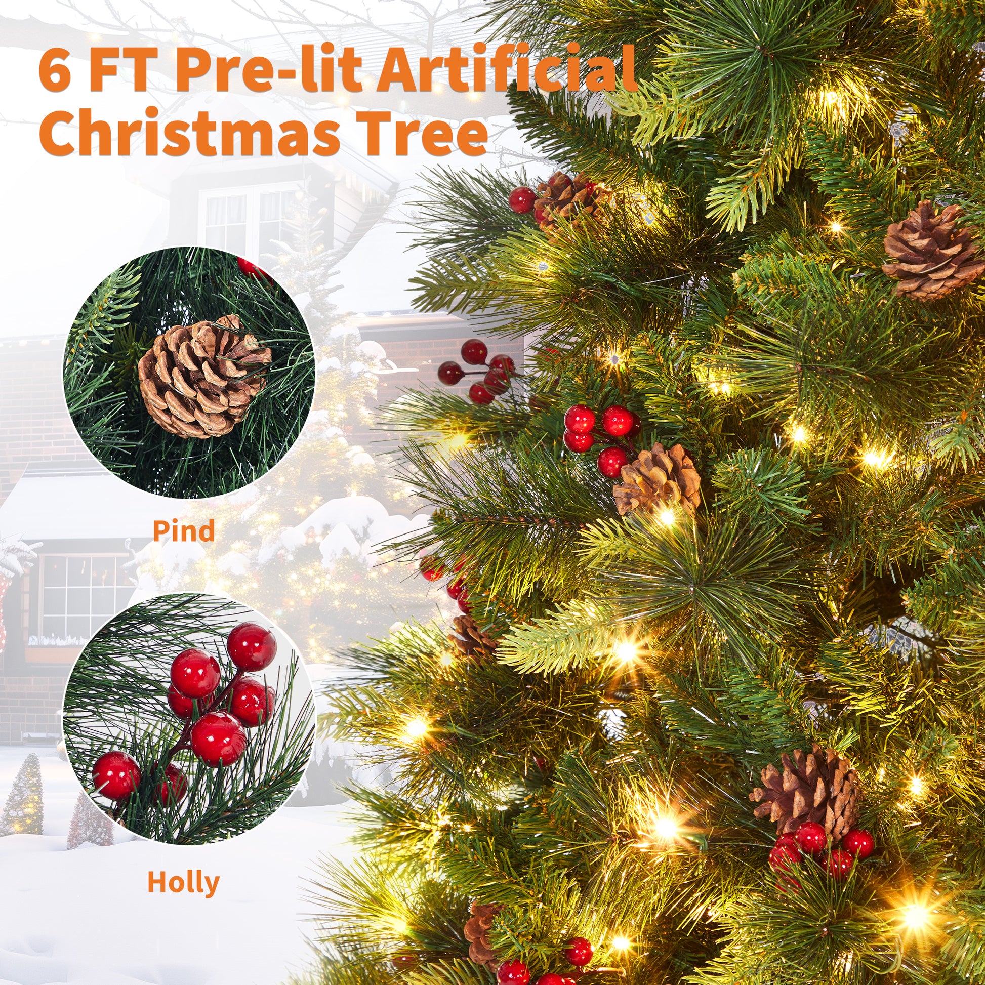 Garvee 6ft Prelit Christmas Tree, Pencil Christmas Tree with Pine Cones & Berries, 250 Warm White Lights-8 Modes, Metal Stand, PE & PVC Xmas Trees for Porch, Church, Home Decor