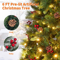 Garvee 6ft Prelit Christmas Tree, Pencil Christmas Tree with Pine Cones & Berries, 250 Warm White Lights-8 Modes, Metal Stand, PE & PVC Xmas Trees for Porch, Church, Home Decor