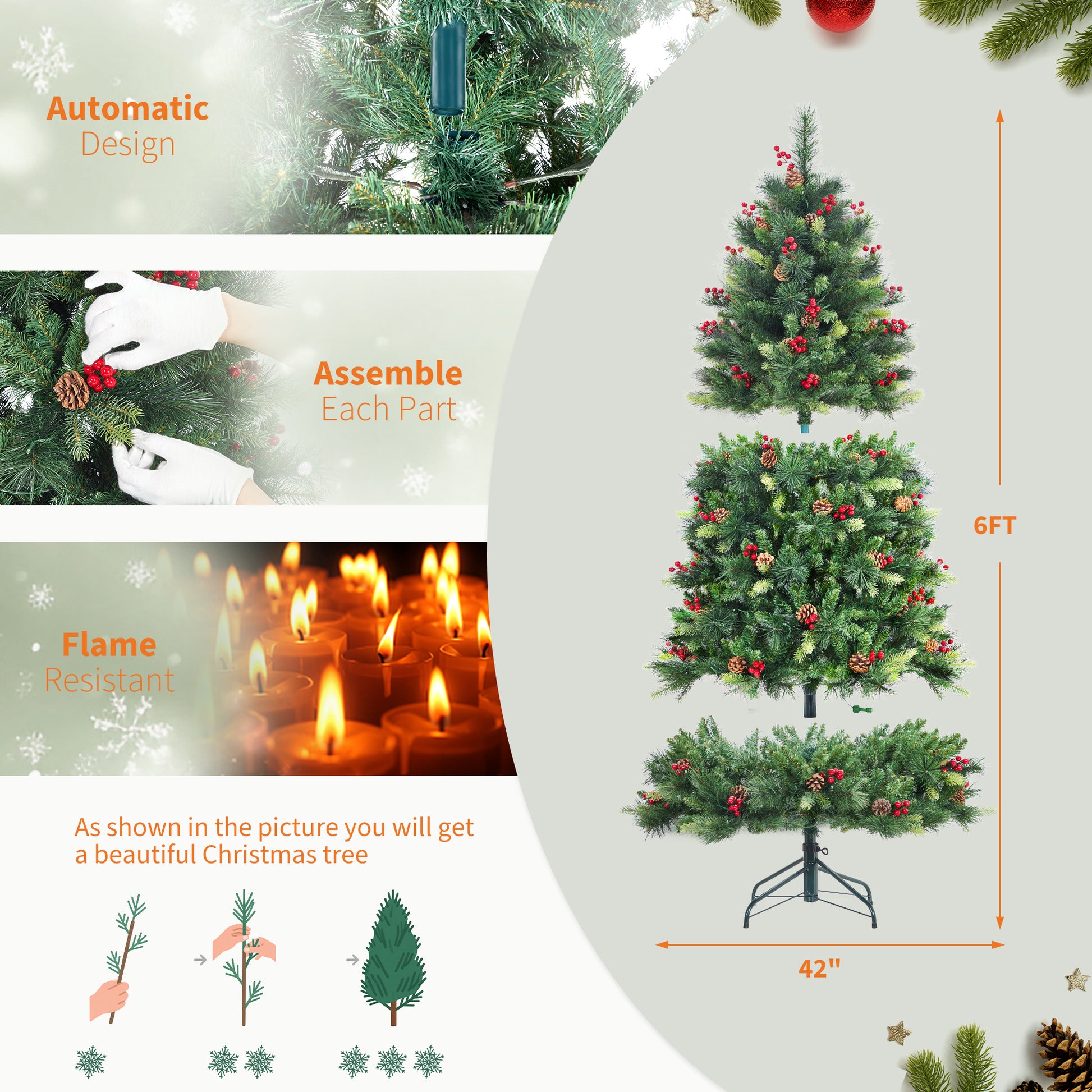 Garvee 6ft Prelit Christmas Tree, Pencil Christmas Tree with Pine Cones & Berries, 250 Warm White Lights-8 Modes, Metal Stand, PE & PVC Xmas Trees for Porch, Church, Home Decor