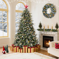 Garvee 6ft Pre-Lit Snow Flocked Christmas Tree, Artificial Hinged Xmas Tree with 300 Dual Color Incandescent Lights, 1162 Branch Tips, Natural Pinecones, Metal Stand, for Holiday Office Home Decor