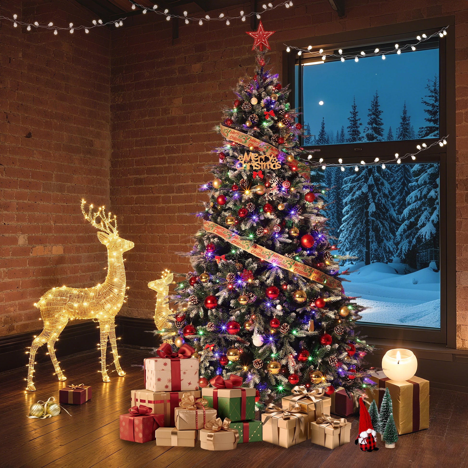 Garvee 6ft Pre-Lit Snow Flocked Christmas Tree, Artificial Hinged Xmas Tree with 300 Dual Color Incandescent Lights, 1162 Branch Tips, Natural Pinecones, Metal Stand, for Holiday Office Home Decor