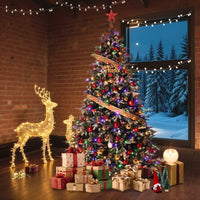 Garvee 6ft Pre-Lit Snow Flocked Christmas Tree, Artificial Hinged Xmas Tree with 300 Dual Color Incandescent Lights, 1162 Branch Tips, Natural Pinecones, Metal Stand, for Holiday Office Home Decor