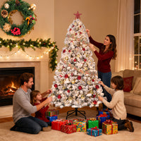 Garvee 6FT Pre-Lit Artificial Christmas Tree, 200 Warm White Led Lights, Snow Flocked Full Prelighted Xmas Tree for Home Office, 836 Branch Tips, Foldable Stand, Easy Assembly