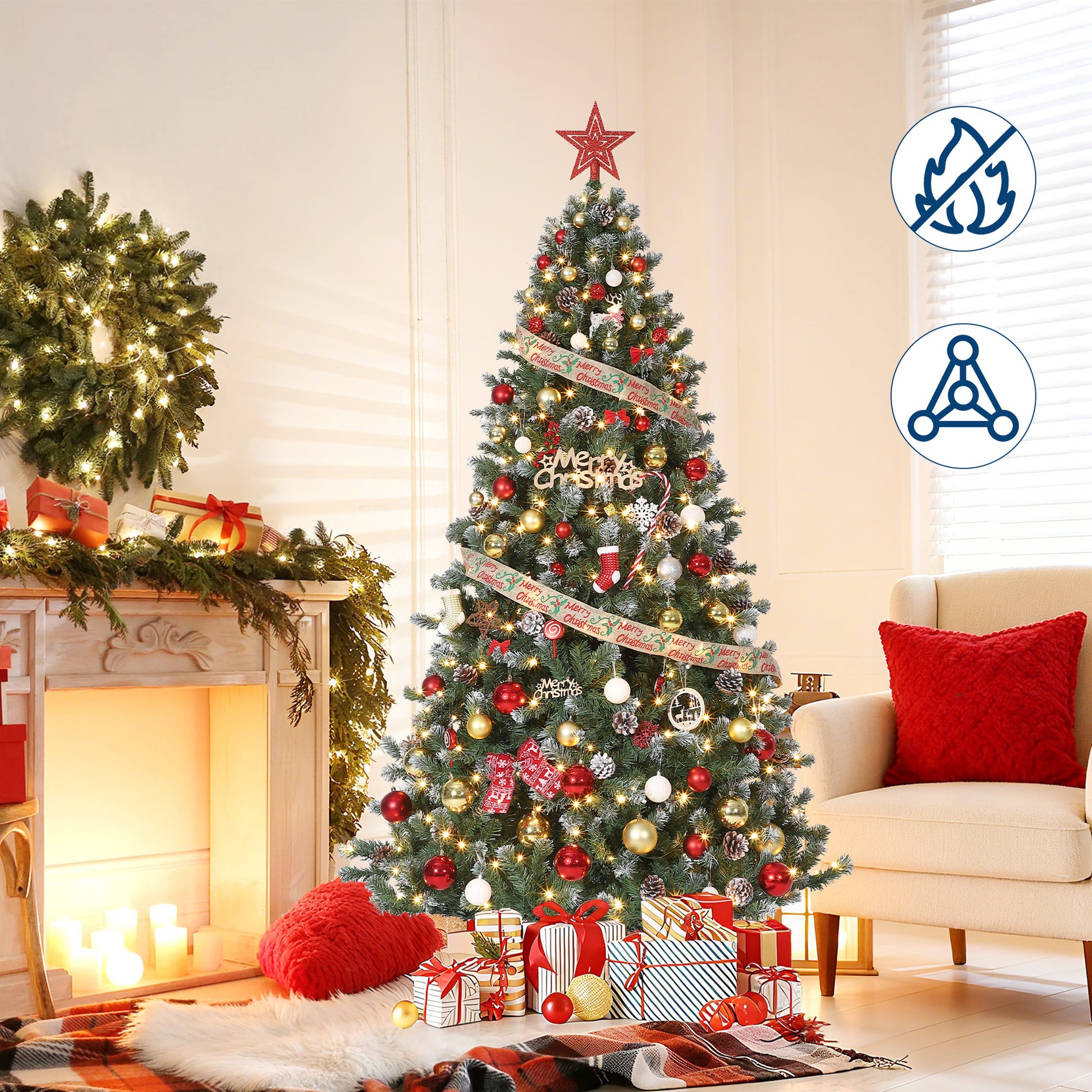 Garvee 9ft Artificial Christmas Tree with 2136 PVC Branch Tips, Snow-Frosted Pinecones, Metal Hinged Base, Sturdy & Realistic, Ideal for Home & Office Decor