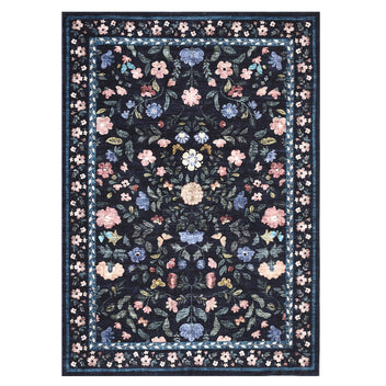 Garvee Floral Washable Rug 4x6 Non-Slip Low Pile Botanical Carpet Vintage Farmhouse Area Rug Dark Blue