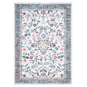 Garvee Floral Washable Rug 4x6, Non-Slip Low Pile Botanical Carpet, Vintage Farmhouse Area Rug, Light Blue