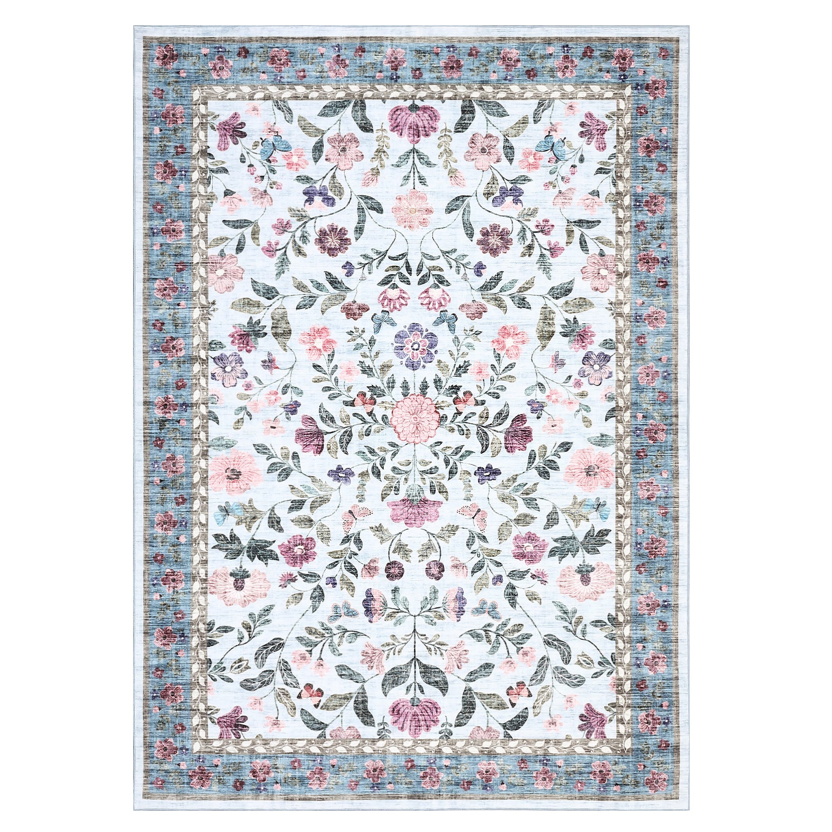 Garvee Vintage Floral Area Rug 9x12 Light Blue - Soft Low Pile, Non-Slip Backing, Polyester & Faux Wool, Machine Washable, Foldable for Living Room & Bedroom