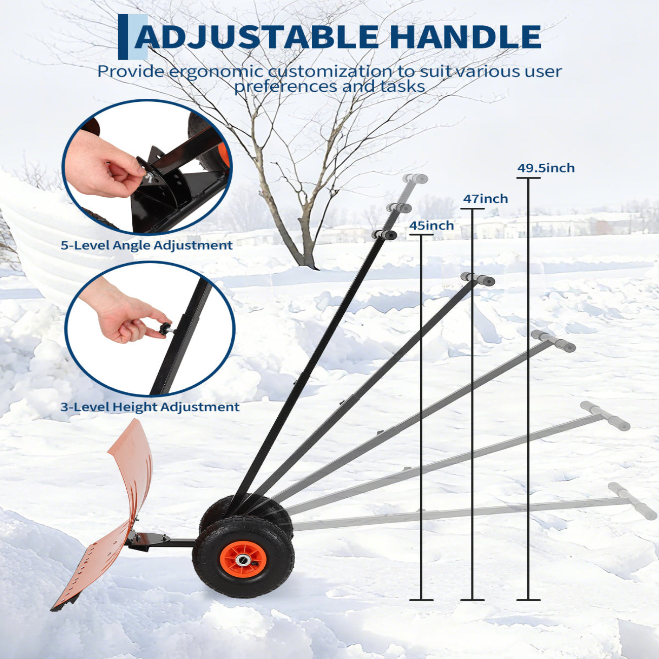 Garvee 29"W X 19"H Snow Shovel with Wheels Steel Snow Pusher 5-Position Angled Blade Ergonomic Back-Saving Design Heavy Duty Orange for Driveway Sidewalk