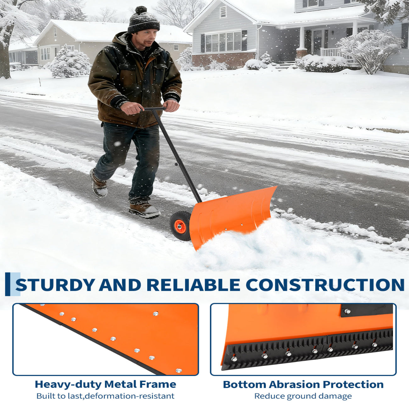 Garvee 29"W X 19"H Snow Shovel with Wheels Steel Snow Pusher 5-Position Angled Blade Ergonomic Back-Saving Design Heavy Duty Orange for Driveway Sidewalk