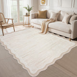 Garvee Scalloped Area Rugs Off White 9x12 Washable Modern Accent Rug, Stain-Resistant Foldable Floor Mat with Non-Slip Backing, Contemporary Low Pile Indoor Carpet for Bedroom, Living Room - Ivory White