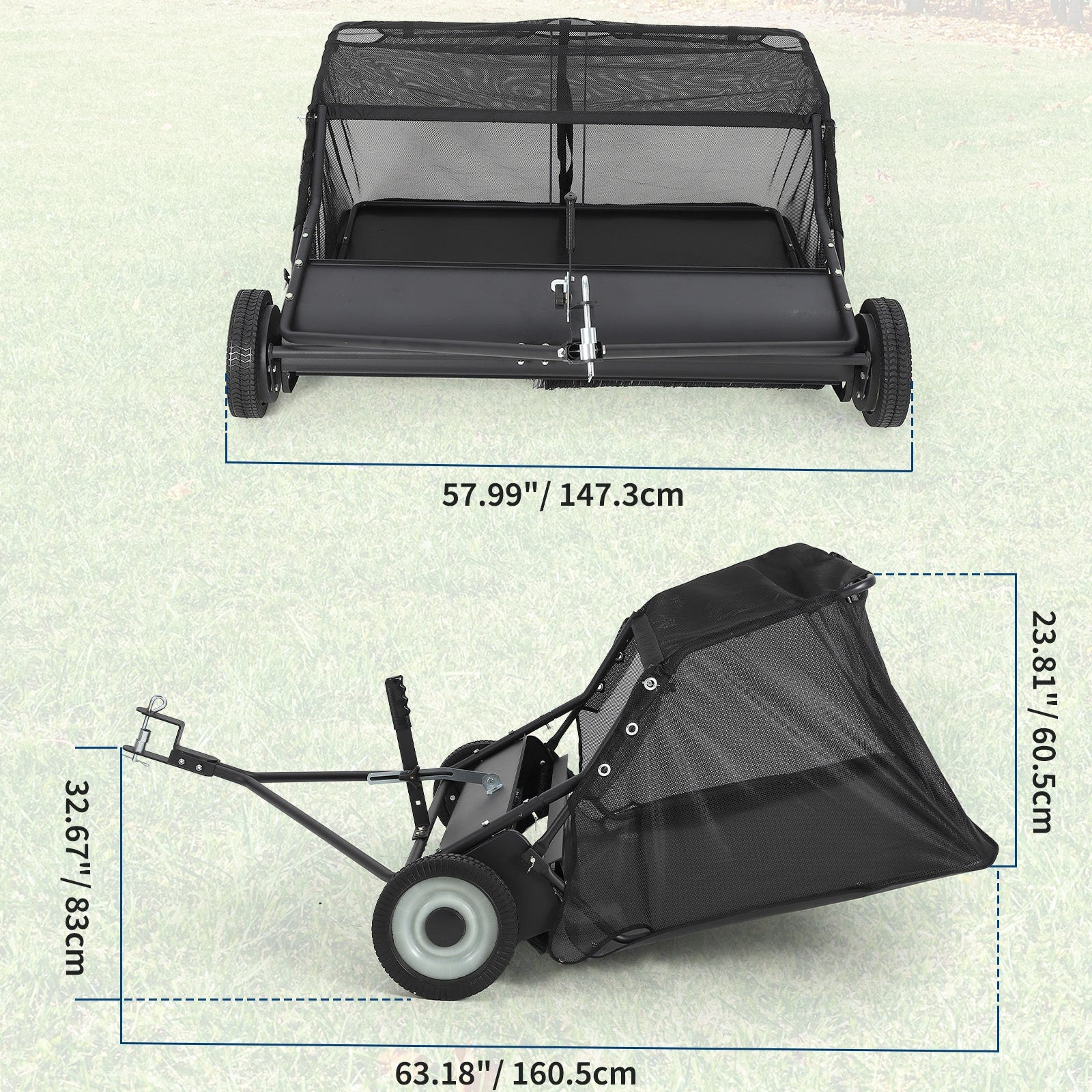 Garvee 50-Inch Tow-Behind Lawn Sweeper, 26 Cu.Ft Large Hopper, Adjustable Sweeping Height, Universal Hitch, Heavy-Duty Leaf & Grass Collector for Tractor ATV UTV, Black