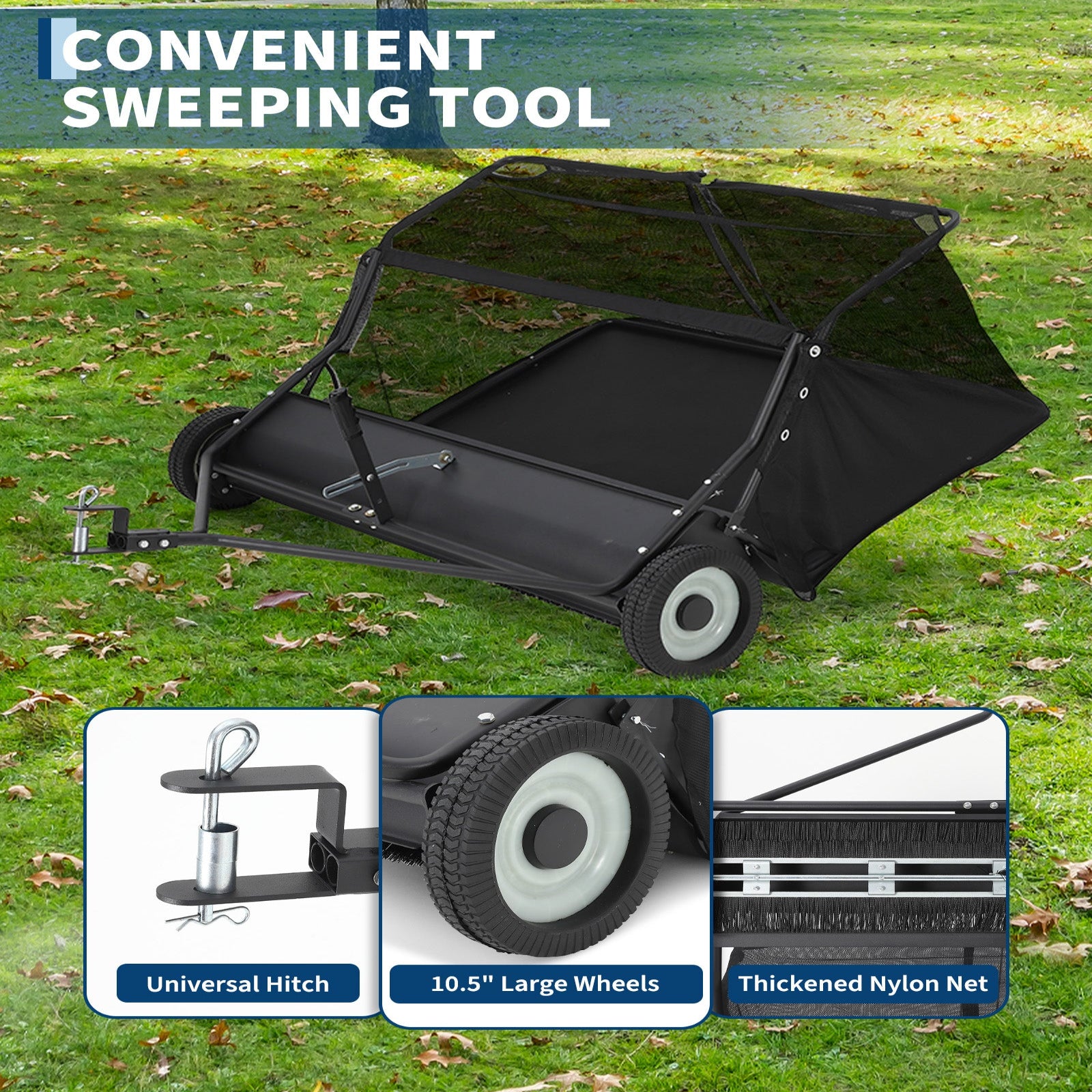 Garvee 50-Inch Tow-Behind Lawn Sweeper, 26 Cu.Ft Large Hopper, Adjustable Sweeping Height, Universal Hitch, Heavy-Duty Leaf & Grass Collector for Tractor ATV UTV, Black