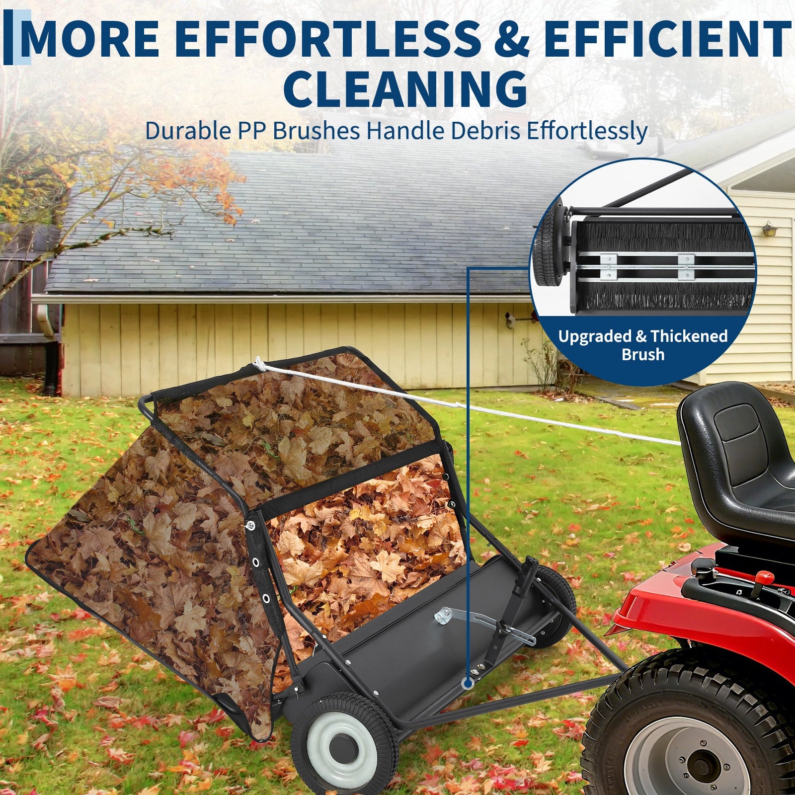 Garvee 50-Inch Tow-Behind Lawn Sweeper, 26 Cu.Ft Large Hopper, Adjustable Sweeping Height, Universal Hitch, Heavy-Duty Leaf & Grass Collector for Tractor ATV UTV, Black