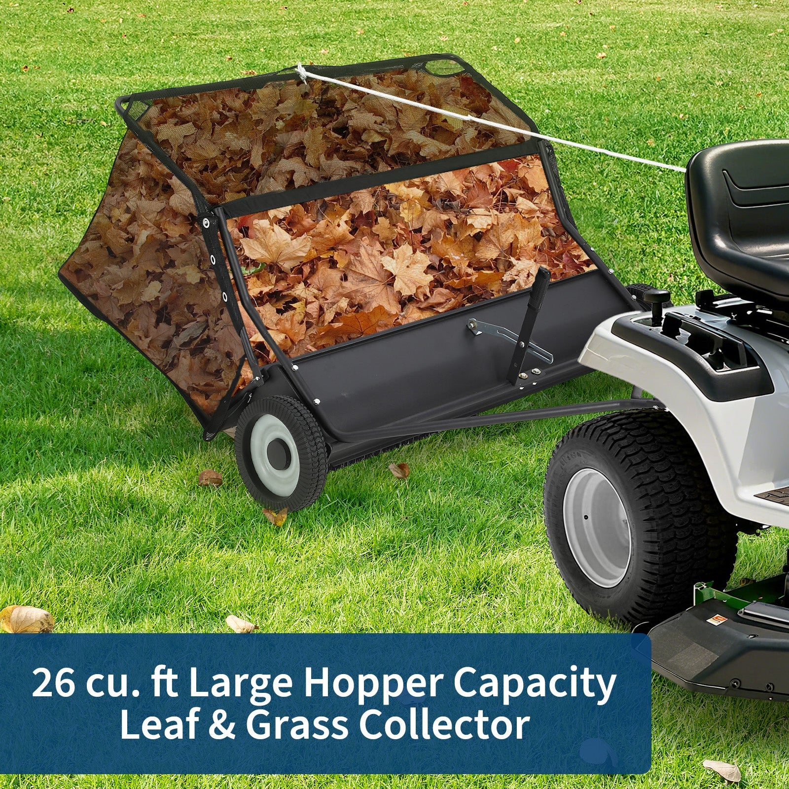 Garvee 50-Inch Tow-Behind Lawn Sweeper, 26 Cu.Ft Large Hopper, Adjustable Sweeping Height, Universal Hitch, Heavy-Duty Leaf & Grass Collector for Tractor ATV UTV, Black