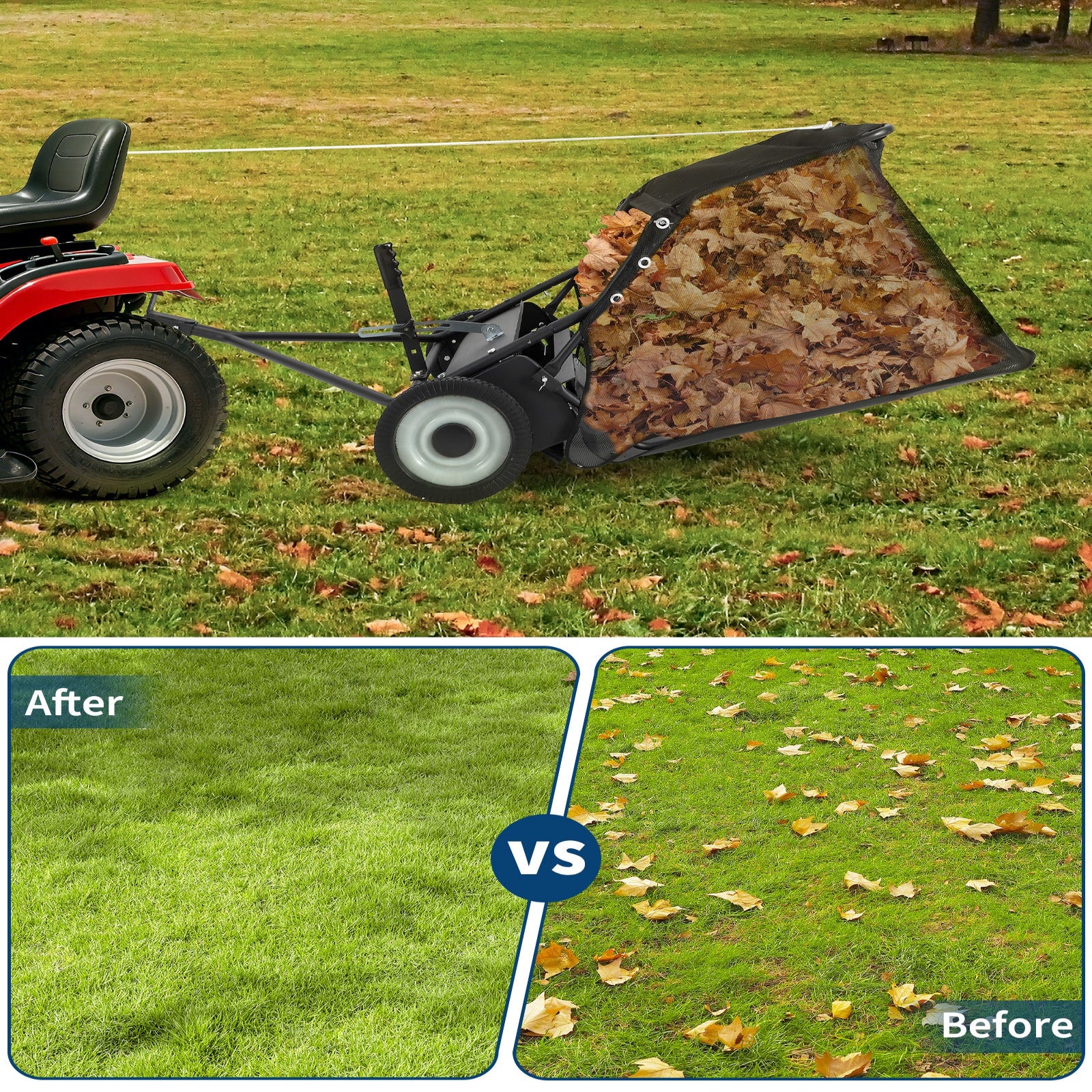 Garvee 50-Inch Tow-Behind Lawn Sweeper, 26 Cu.Ft Large Hopper, Adjustable Sweeping Height, Universal Hitch, Heavy-Duty Leaf & Grass Collector for Tractor ATV UTV, Black