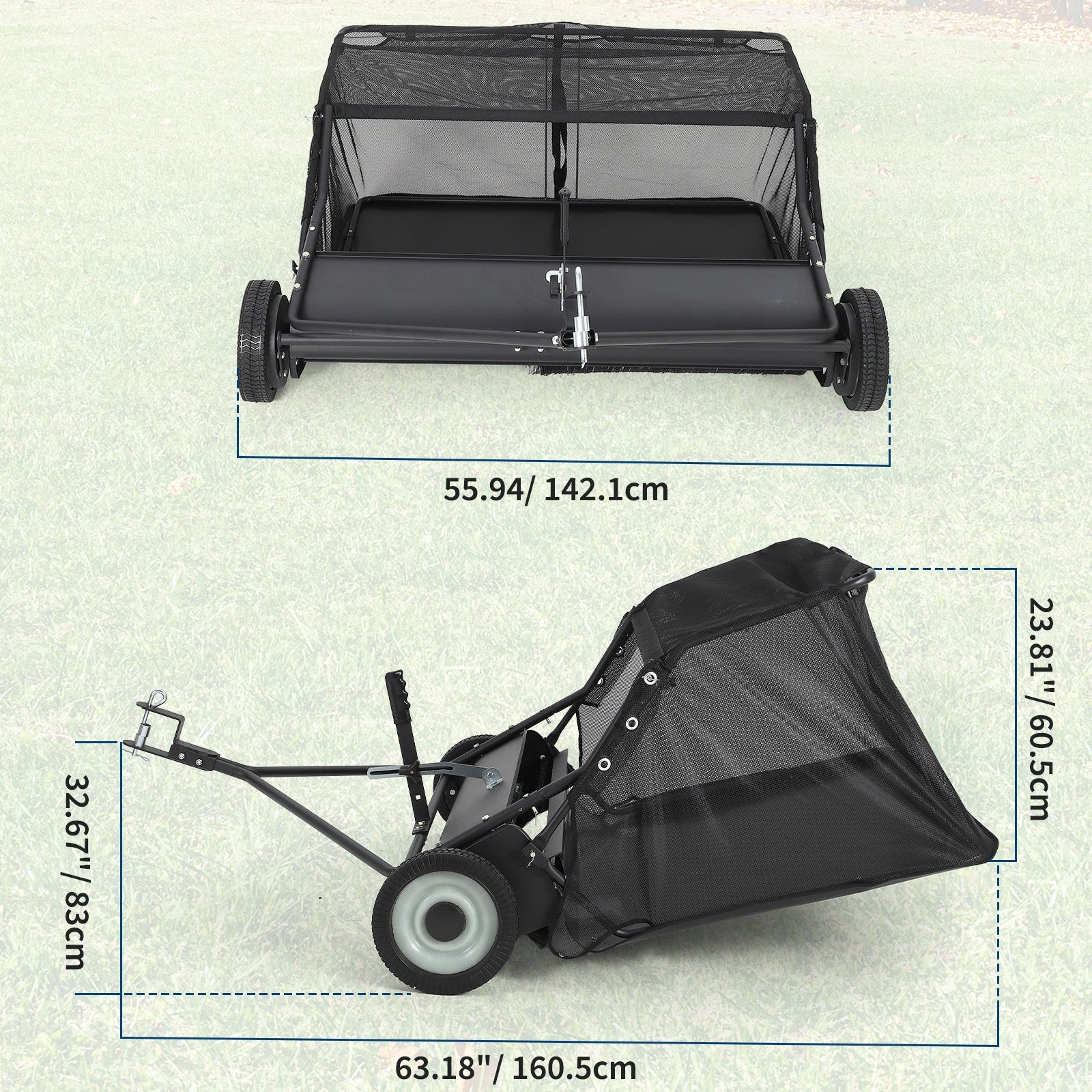 Garvee 48-Inch Tow-Behind Lawn Sweeper, 25 Cu.Ft Large Hopper, Adjustable Sweeping Height, Universal Hitch, Heavy-Duty Leaf & Grass Collector for Tractor ATV UTV, Black