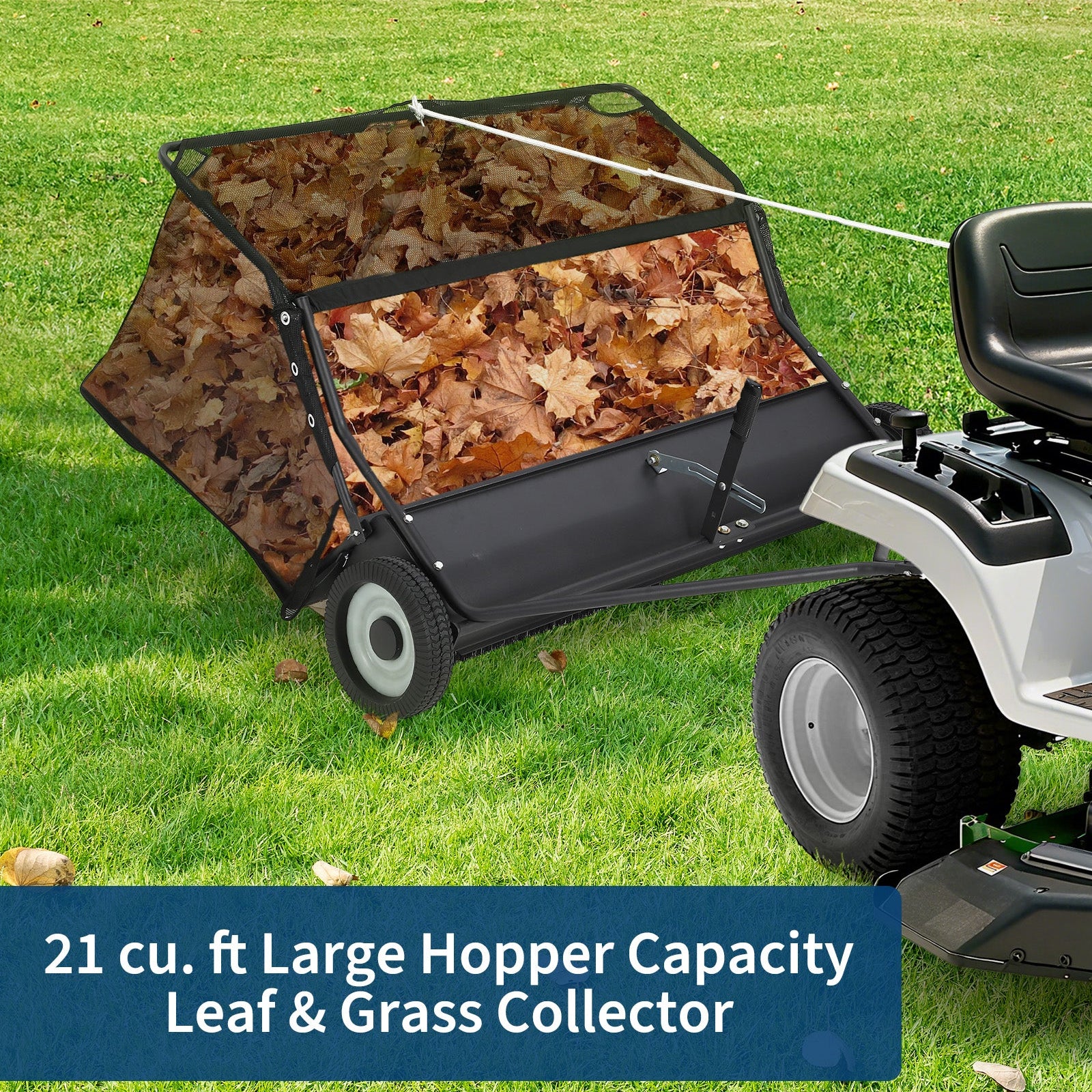 Garvee 42-Inch Tow-Behind Lawn Sweeper, 21 Cu.Ft Hopper, Adjustable Brush Height, Dump Rope, Foldable Storage, Universal Hitch, Leaf & Grass Collector, Black