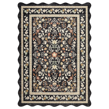 Garvee 8' × 10' Floral Washable Scalloped Area Rug, Non Slip Low Pile Stain Resistant Soft Rug for Living Room Bedroom Dining Room, Black