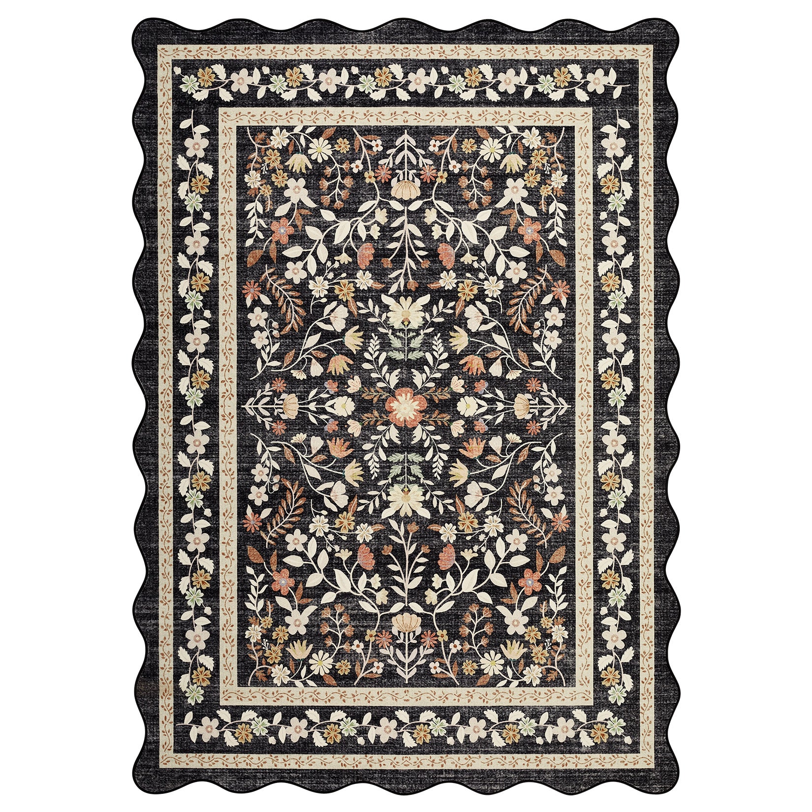 Garvee 8' × 10' Floral Washable Scalloped Area Rug, Non Slip Low Pile Stain Resistant Soft Rug for Living Room Bedroom Dining Room, Black