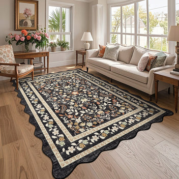 Garvee 8' × 10' Floral Washable Scalloped Area Rug, Non Slip Low Pile Stain Resistant Soft Rug for Living Room Bedroom Dining Room, Black