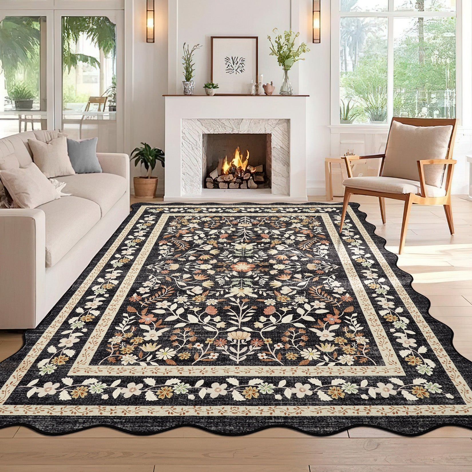 Garvee 8' × 10' Floral Washable Scalloped Area Rug, Non Slip Low Pile Stain Resistant Soft Rug for Living Room Bedroom Dining Room, Black