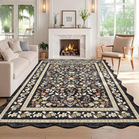 Garvee 8' × 10' Floral Washable Scalloped Area Rug, Non Slip Low Pile Stain Resistant Soft Rug for Living Room Bedroom Dining Room, Black