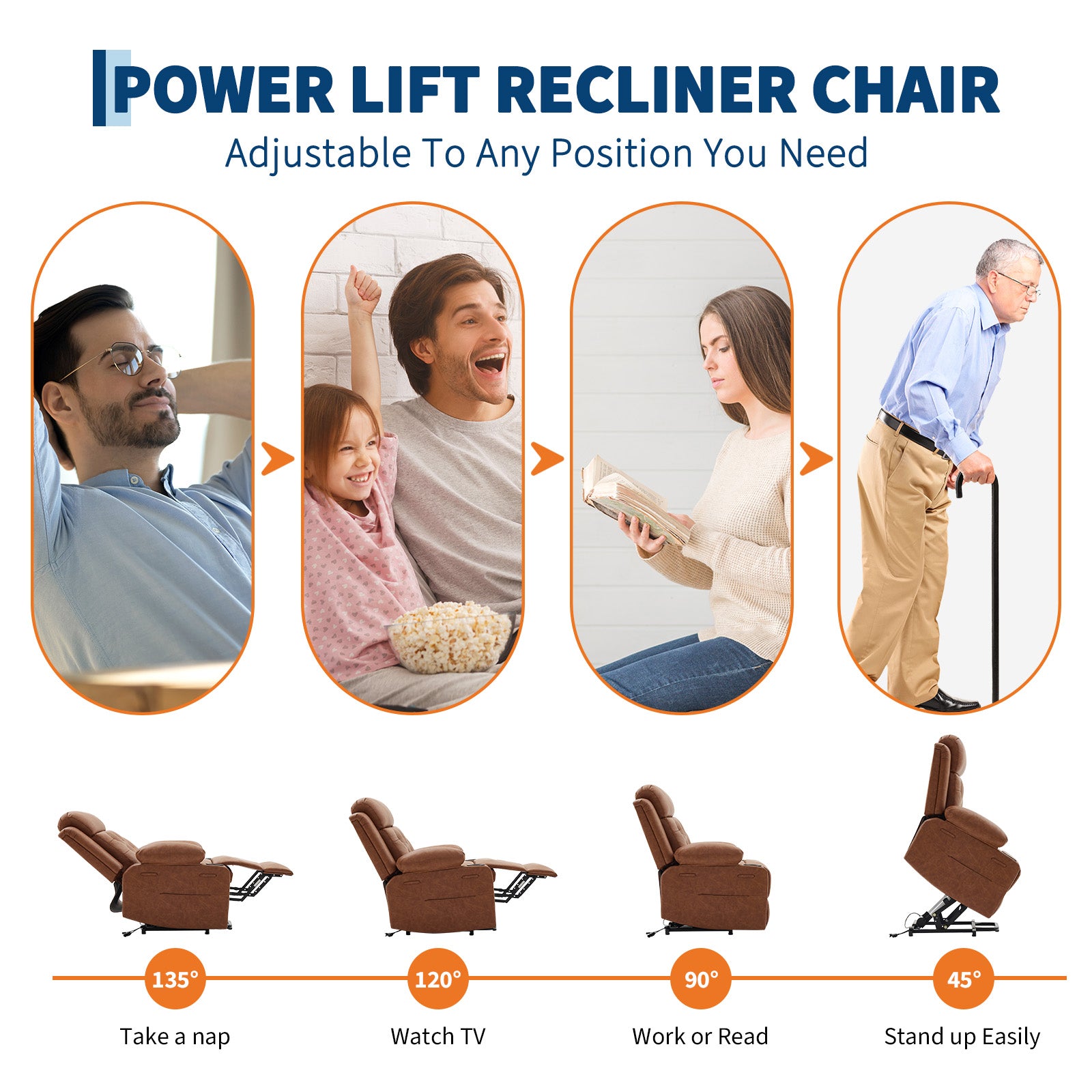 Garvee Power Lift Recliner Chair for Elderly with Massage and Lumbar Heating, PU Leather Electric Lift Reclining Single Sofa with Side Pockets, 2 Cup Holders for Mobility Impaired, Brown
