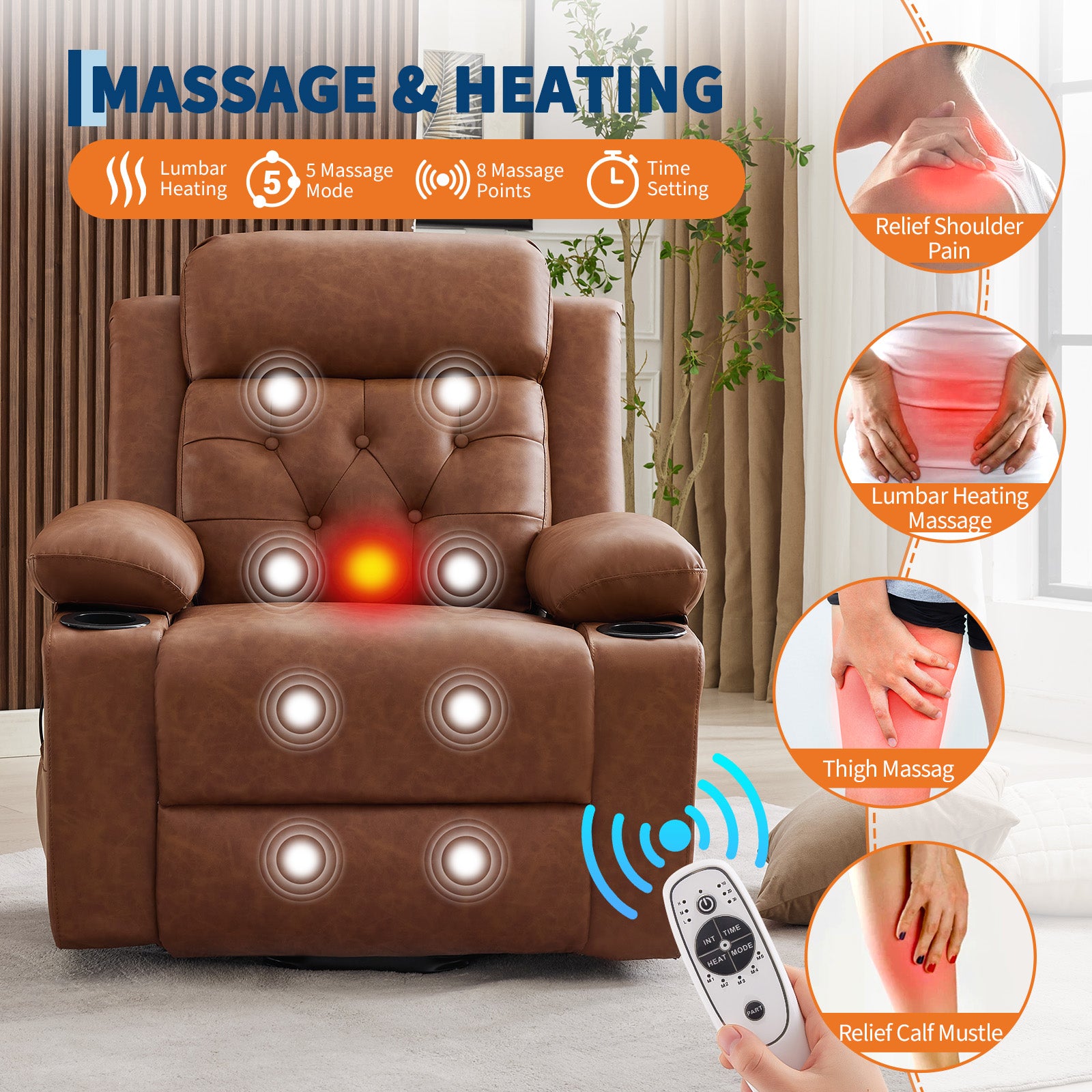 Garvee Power Lift Recliner Chair for Elderly with Massage and Lumbar Heating, PU Leather Electric Lift Reclining Single Sofa with Side Pockets, 2 Cup Holders for Mobility Impaired, Brown