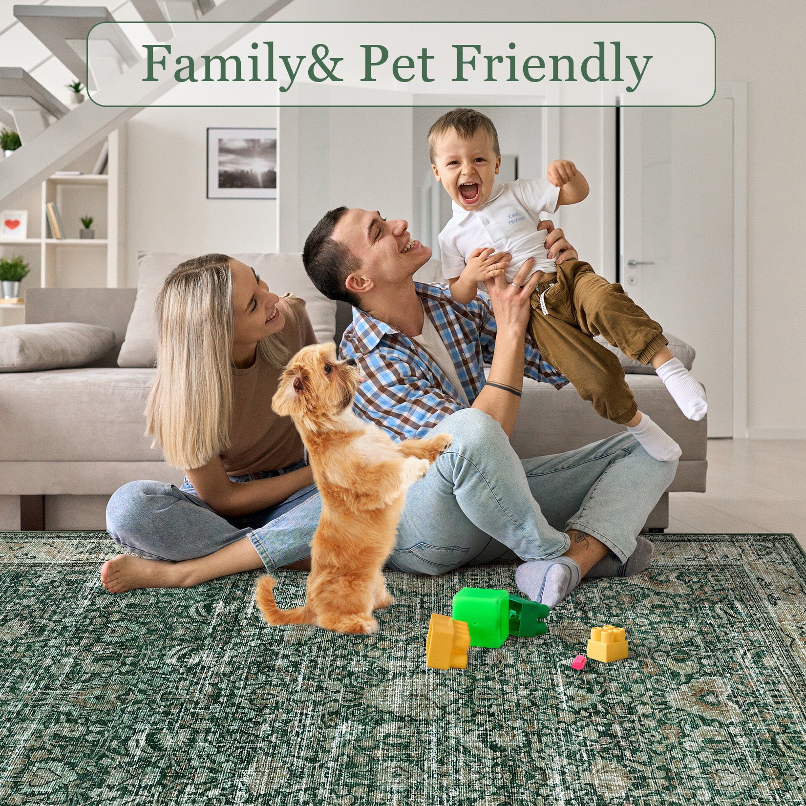 Garvee Washable Runner Rugs, Green 2'X6' Antique Distressed Long Rug, Modern Non Slip Stain Resistant Vintage Print Accent Carpet Floor Mat for Living Room Bedroom Dining Office Farmhouse Hallway Entryway