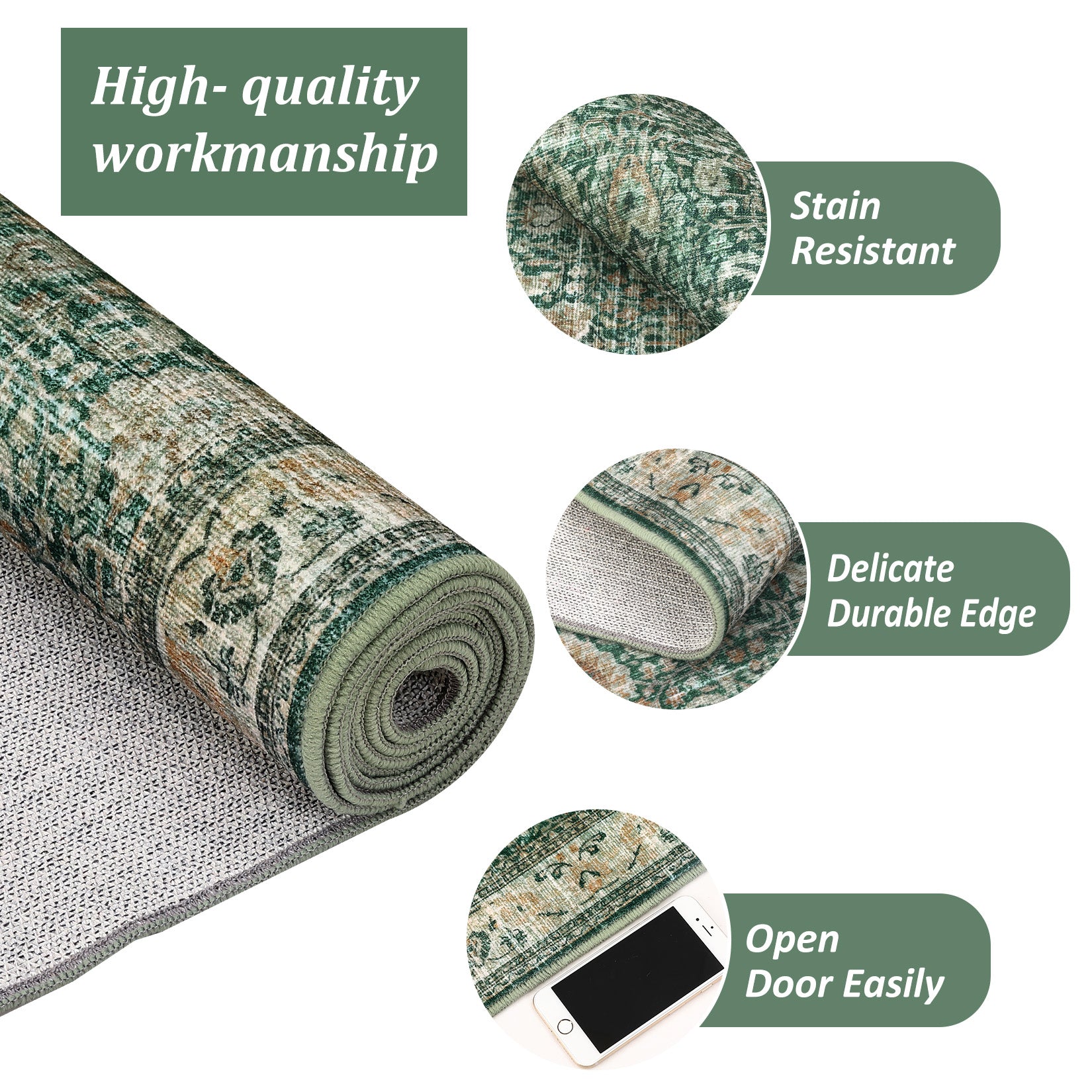 Garvee Washable Runner Rugs, Green 2'X6' Antique Distressed Long Rug, Modern Non Slip Stain Resistant Vintage Print Accent Carpet Floor Mat for Living Room Bedroom Dining Office Farmhouse Hallway Entryway