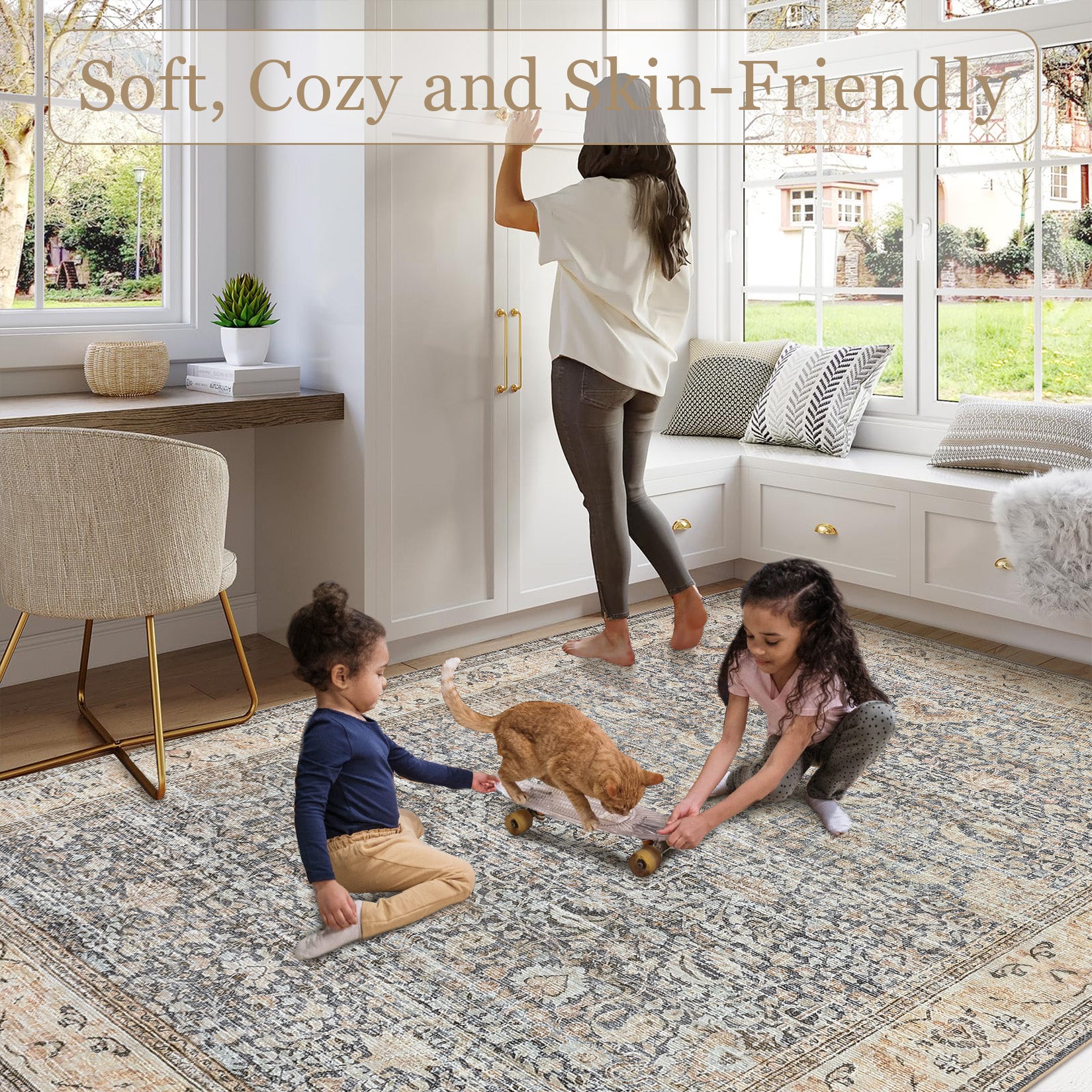 Garvee Washable Area Rugs, Beige Yellow 10X13 Antique Distressed Large Rug for Living Room, Modern Non Slip Stain Resistant Vintage Print Accent Carpet Floor Mat for Bedroom Dining Office Farmhouse
