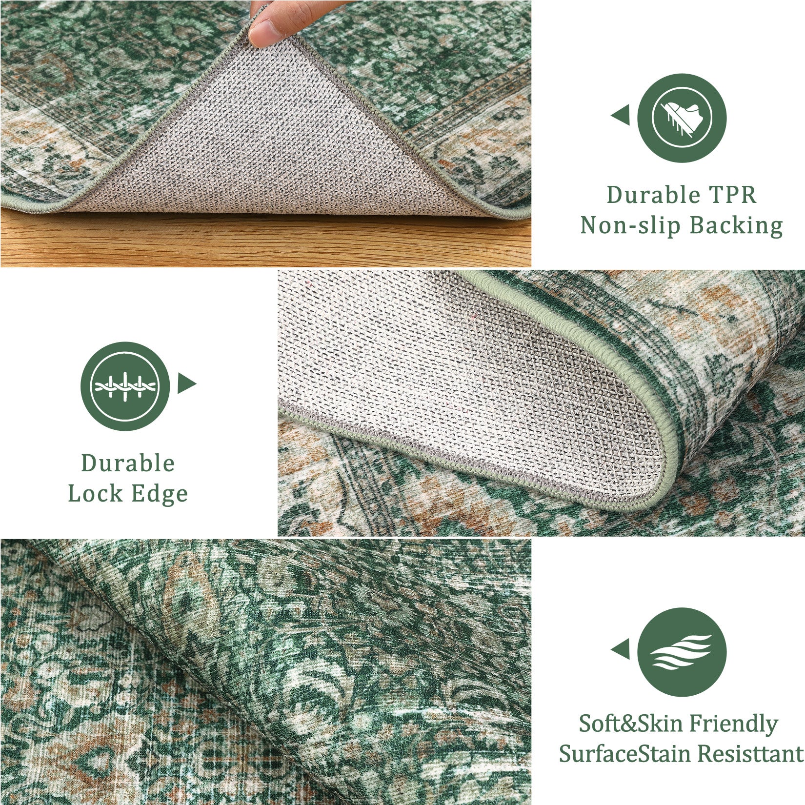 Garvee Washable Runner Rugs, Green 2'X6' Antique Distressed Long Rug, Modern Non Slip Stain Resistant Vintage Print Accent Carpet Floor Mat for Living Room Bedroom Dining Office Farmhouse Hallway Entryway