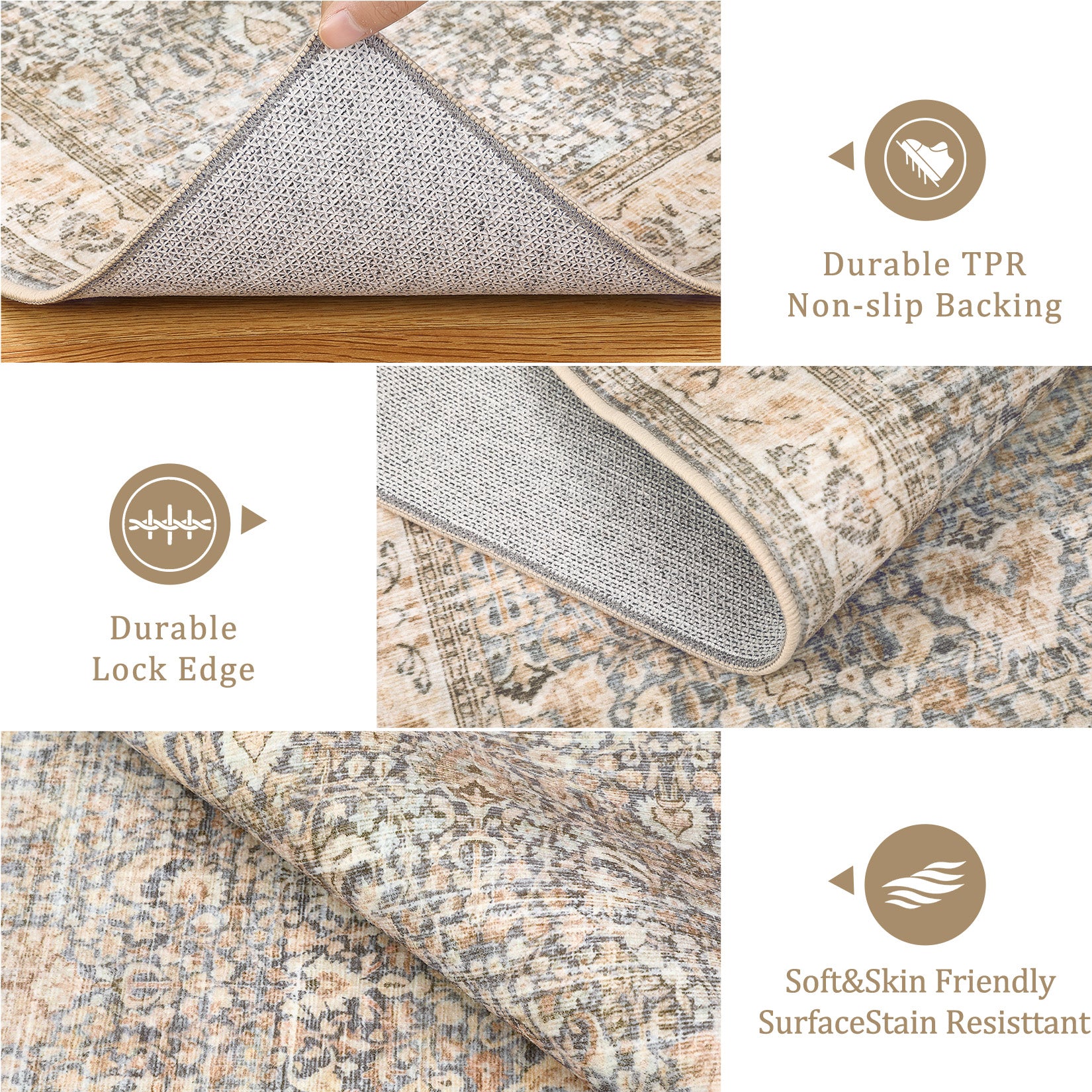 Garvee Washable Area Rugs, Beige Yellow 10X13 Antique Distressed Large Rug for Living Room, Modern Non Slip Stain Resistant Vintage Print Accent Carpet Floor Mat for Bedroom Dining Office Farmhouse