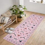 Garvee 2' x 6' Pink Botanical Insect Runner Rug, Washable Non-Slip Ultra-Thin Rug for Hallway, Kitchen & Entryway - Pink