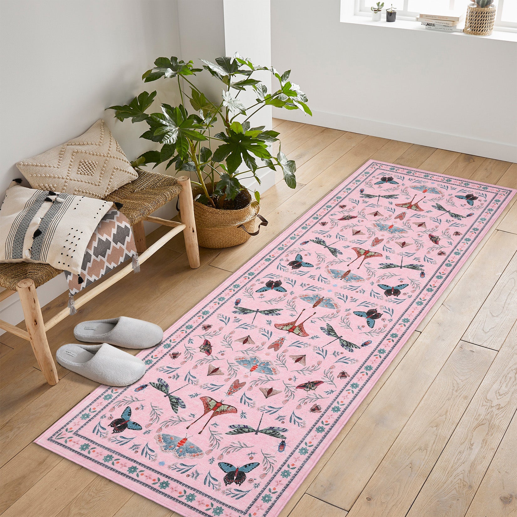 Garvee 2' x 8' Pink Botanical Insect Runner Rug, Washable Non-Slip Ultra-Thin Rug for Hallway, Kitchen & Entryway
