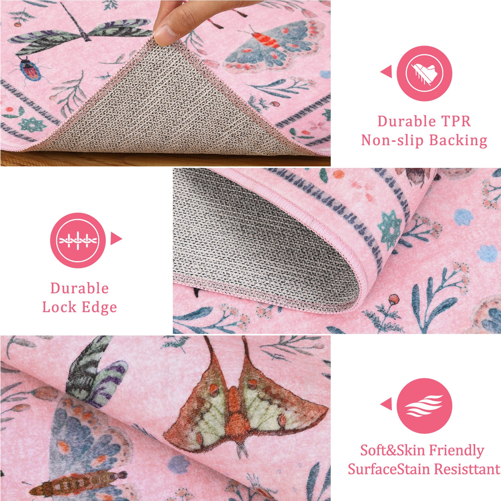 Garvee 2' x 8' Pink Botanical Insect Runner Rug, Washable Non-Slip Ultra-Thin Rug for Hallway, Kitchen & Entryway