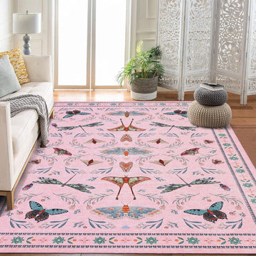 Garvee 6' x 9' Pink Botanical Butterfly Area Rug, Washable Non-Slip Ultra-Thin Soft Rug for Living Room, Bedroom & Nursery