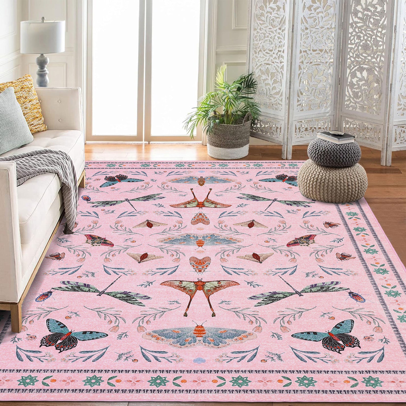 Garvee 6' x 9' Pink Botanical Butterfly Area Rug, Washable Non-Slip Ultra-Thin Soft Rug for Living Room, Bedroom & Nursery