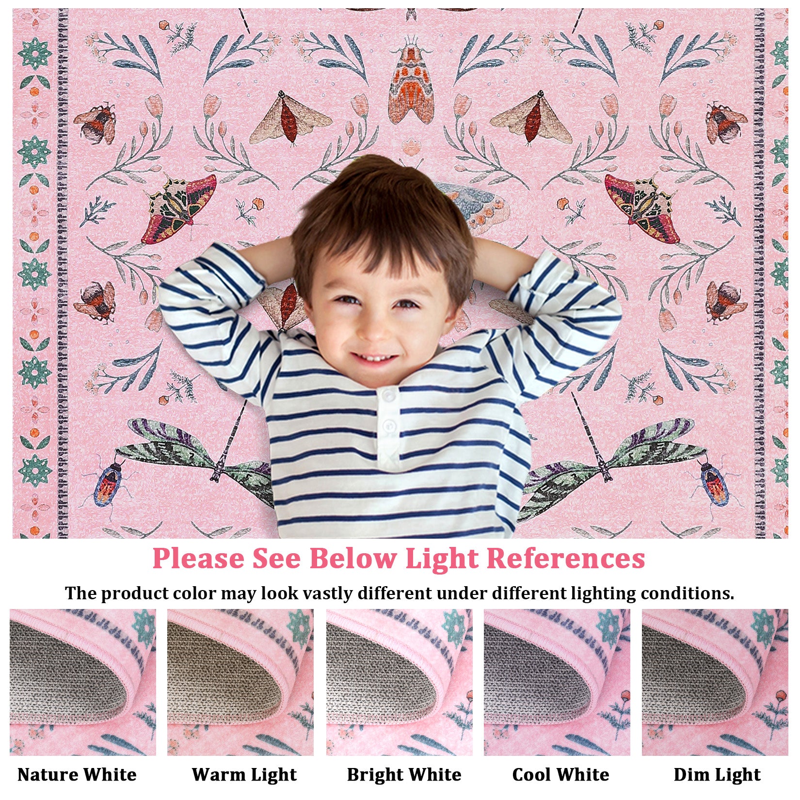 Garvee 2' x 8' Pink Botanical Insect Runner Rug, Washable Non-Slip Ultra-Thin Rug for Hallway, Kitchen & Entryway
