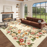 Garvee Washable Rug 3x5 Vintage Floral Rug Non Slip, Low Pile Thin Foyer Mat, Soft Non Shedding Indoor Carpets, Foldable Printed Floor Covering for Entryway Laundry Room, Beige - Beige