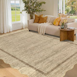 Garvee Large Area Rug 9x10 Scalloped Rug with Non Slip TPR Rubber Backing, Washable Neutral Carpet, Non Shedding Thin Floor Mats, Indoor Soft Low Pile Foldable Mat for Open Spaces Office, Camel - Jute