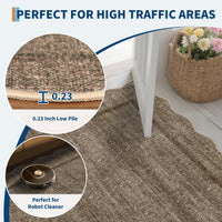 Garvee Large Area Rug 9x12 Scalloped Rug with Non Slip TPR Rubber Backing, Washable Neutral Carpet, Non Shedding Thin Floor Mats, Indoor Soft Low Pile Foldable Mat for Open Spaces Office, Dark Brown